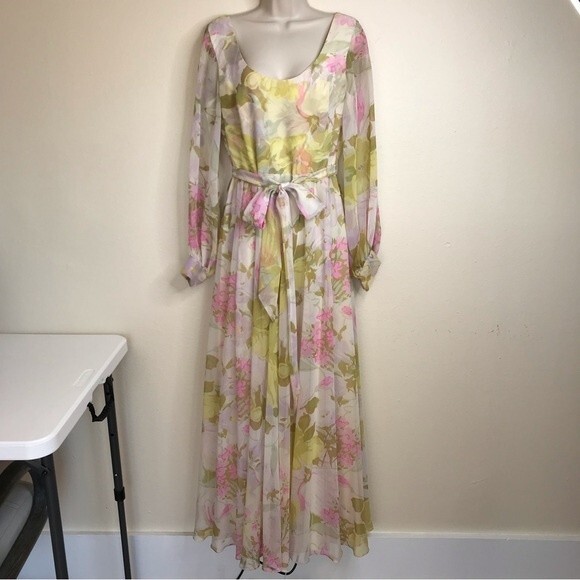 Vintage 1970s Floral Chiffon Maxi Dress Long Sleeve Tie Belt Back Zip Medium - Picture 13 of 14